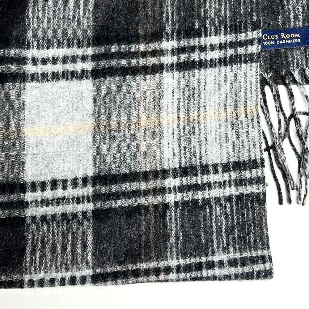 NWOT Club Room 100% Cashmere Plaid Gray Scarf 11,5x66